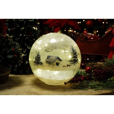 Festive LED Lit Crackle Effect Forest Lodge Scene Ball 20cm