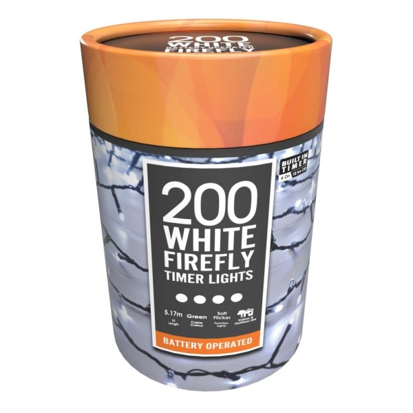 Festive 200 LED Battery Operated Firefly Timer Lights - White