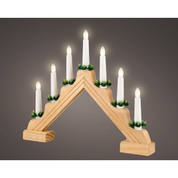 Lumineo Battery Operated Traditional 7 Light Wooden Candlebridge - Natural