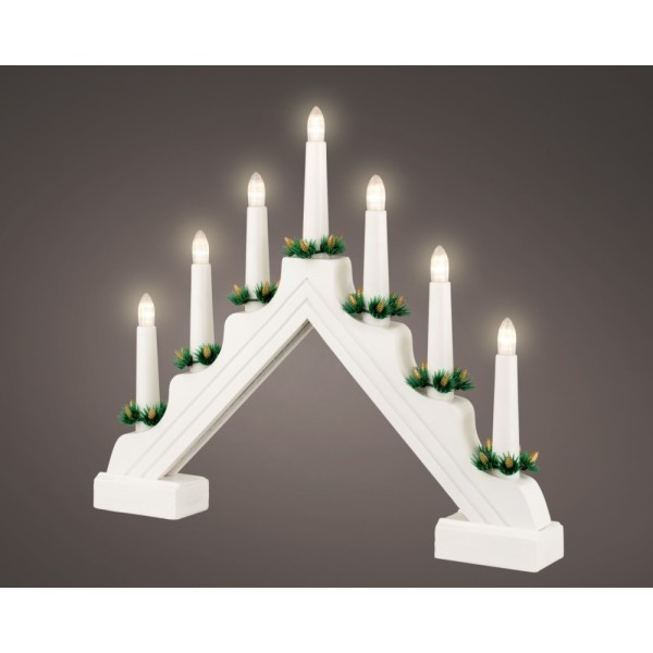 Lumineo Battery Operated Traditional 7 Light Wooden Candlebridge - White