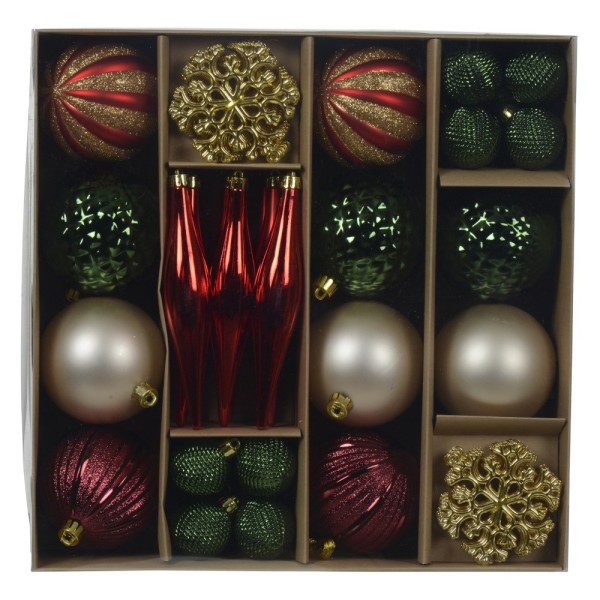 Decoris Red Green and Gold Shatterproof Bauble Mix - Pack of 46