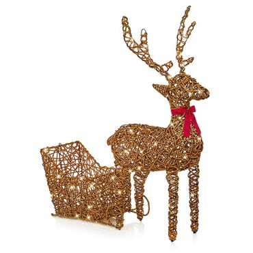 Premier 96cm Battery Operated Multi Action Rattan Look Reindeer and Sleigh