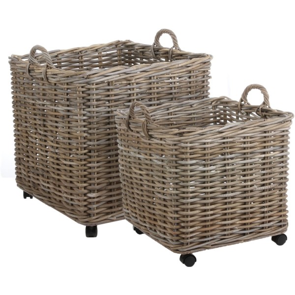 Marcia Set of 2 Square Rattan Baskets on Wheels