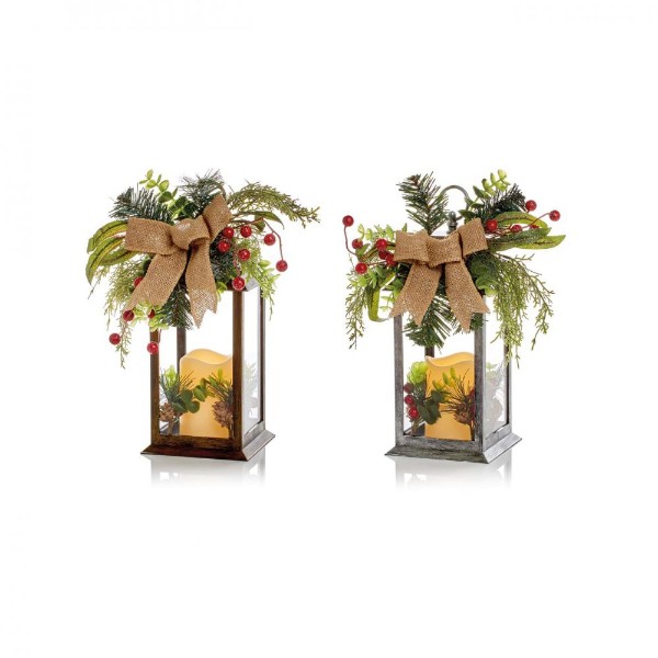 Lantern With Led Candle And Ribbon - 2 Assorted -