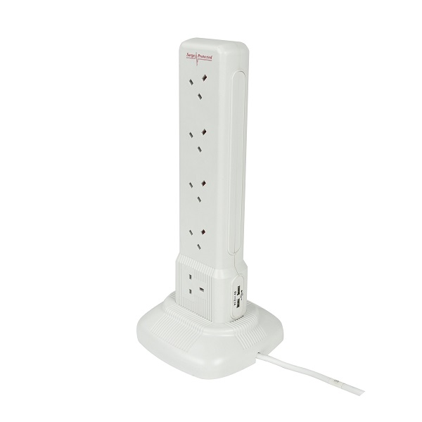 Powermaster 10 Gang 2 Mtr Surge Protection Tower Extension Lead With 2 Usb Outlets