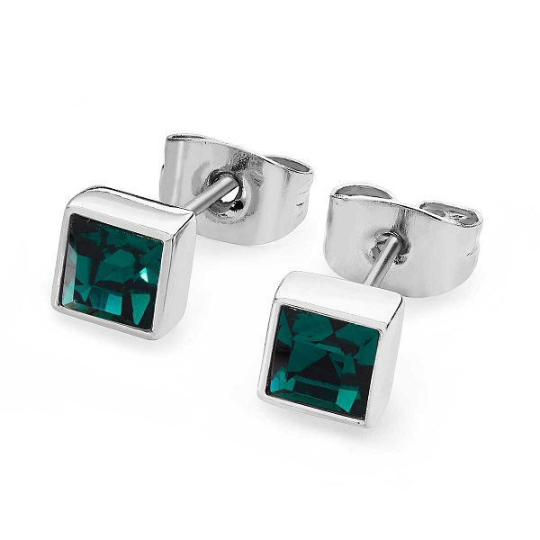 May - Silver Square Birthstone Earrings - Emerald