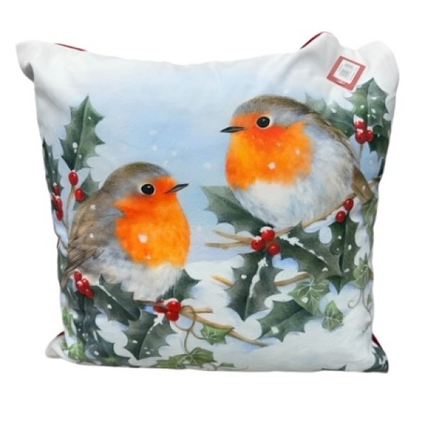 Two Robins With Holly Cushion Cover Filled Jk88602