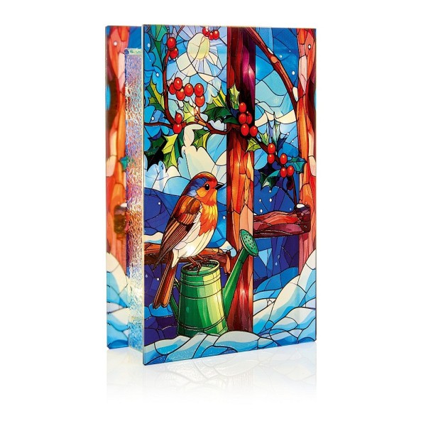 Premier 21cm x 13cm Battery Operated Robin Stained Glass LED Table Top