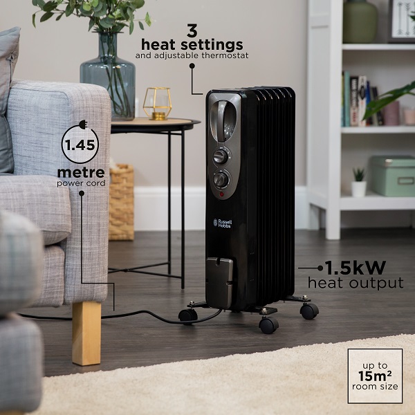 Russell Hobbs 1.5 Kw 7 Fin Oil Filled Black Radiator Heater  Rhofr5001b