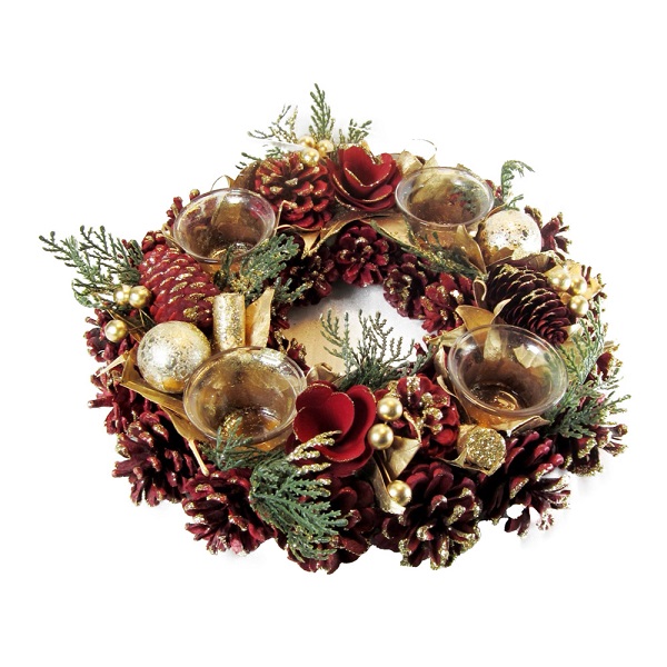 Tara Lane Centerpiece 4 Tealight Holder Red Cones/gold Baubles Tlf6538