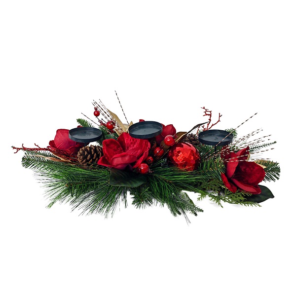 Pillar Candle Centrepiece Deep Red Flowers/baubles Tlf6545