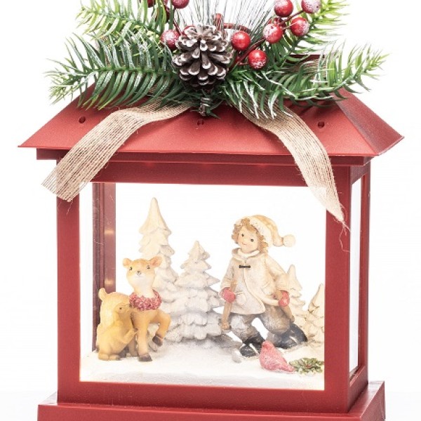 The Grange Collection Led Red Christmas Lantern - Girl & Reindeer 25x17.5x30cm Xm3