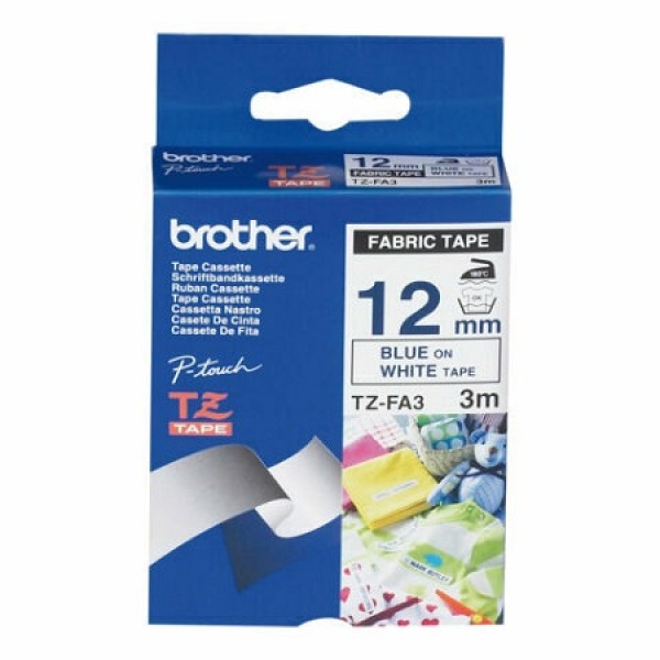 Brother P-touch Tze-fa3 12mm X 3m Blue On White Fabric Tape