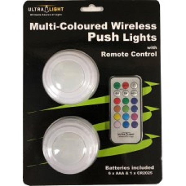Colour Changing Push Lights (2pk) With Remote